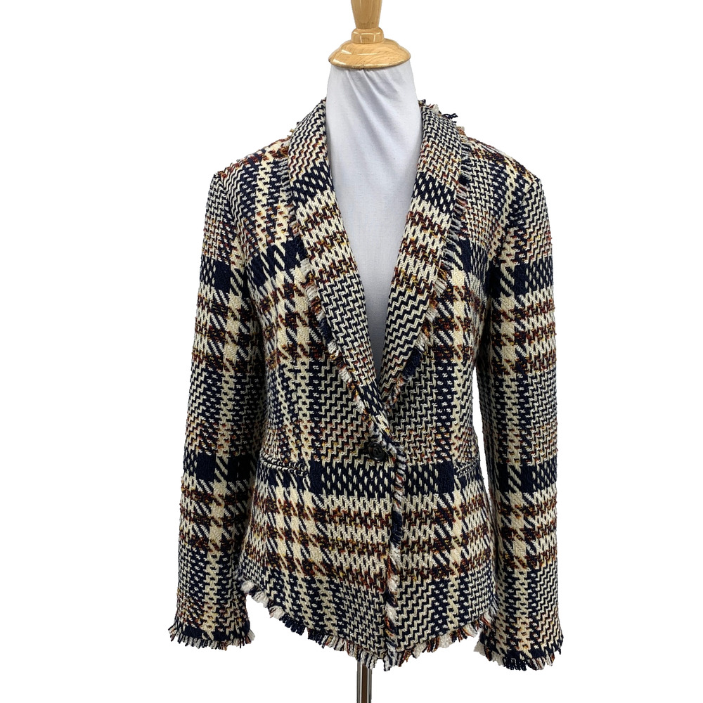Ann Taylor Blazer Womens 10 Multi One Button Eyelash Fringe Plaid Tweed Jacket